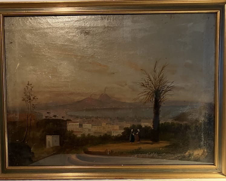 Veduta della baia di Napoli con Vesuvio fumante