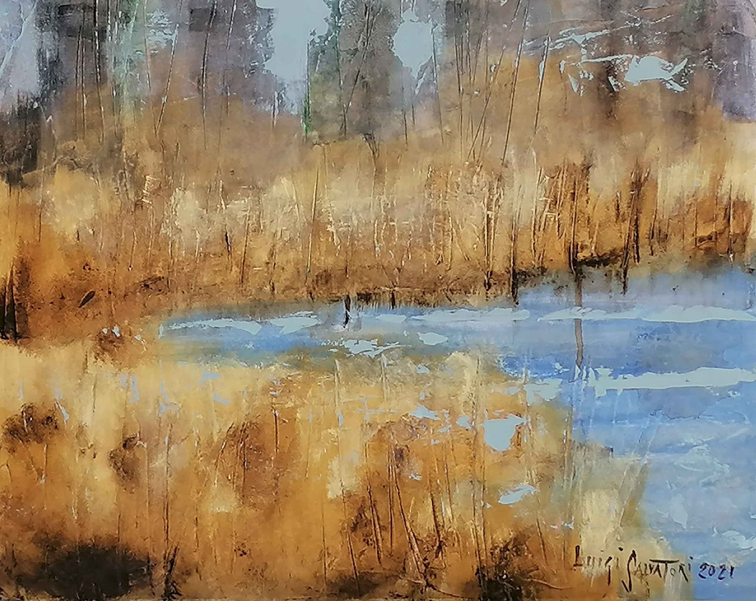 Reed bed and reflections on the lake