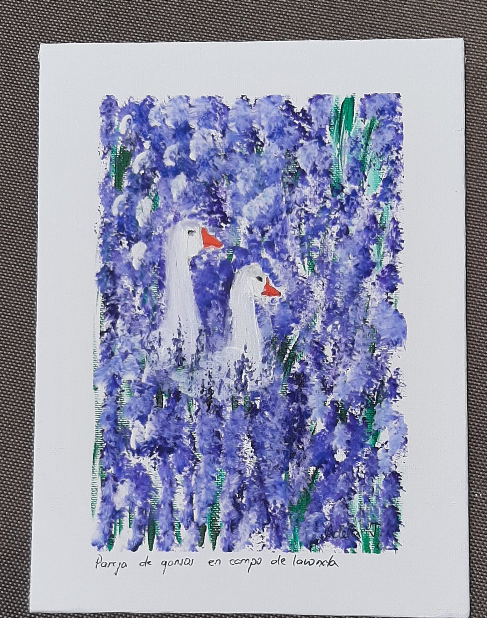 Pareja de gansos en campo de lavanda