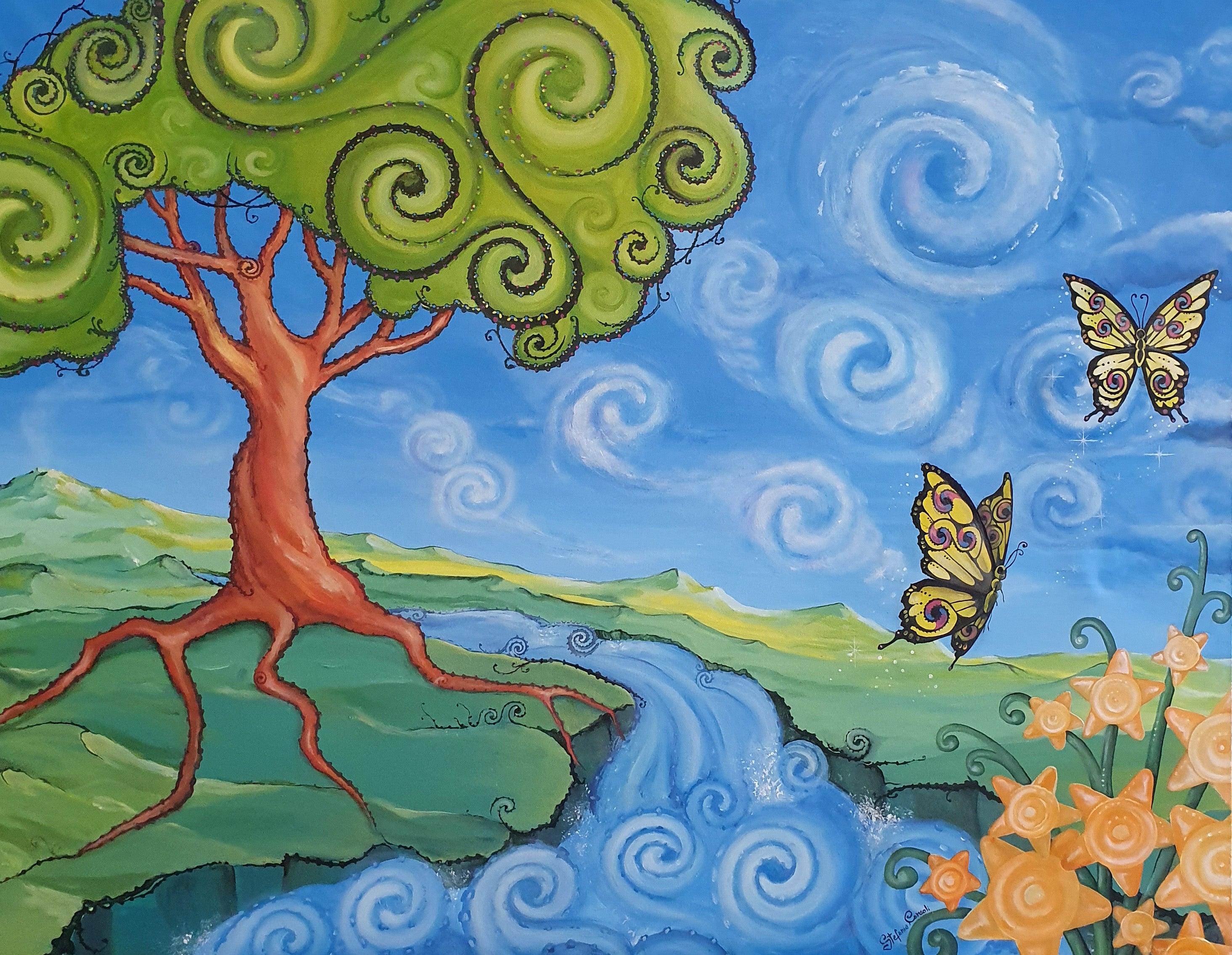 View with Tree, Butterflies and Fractals