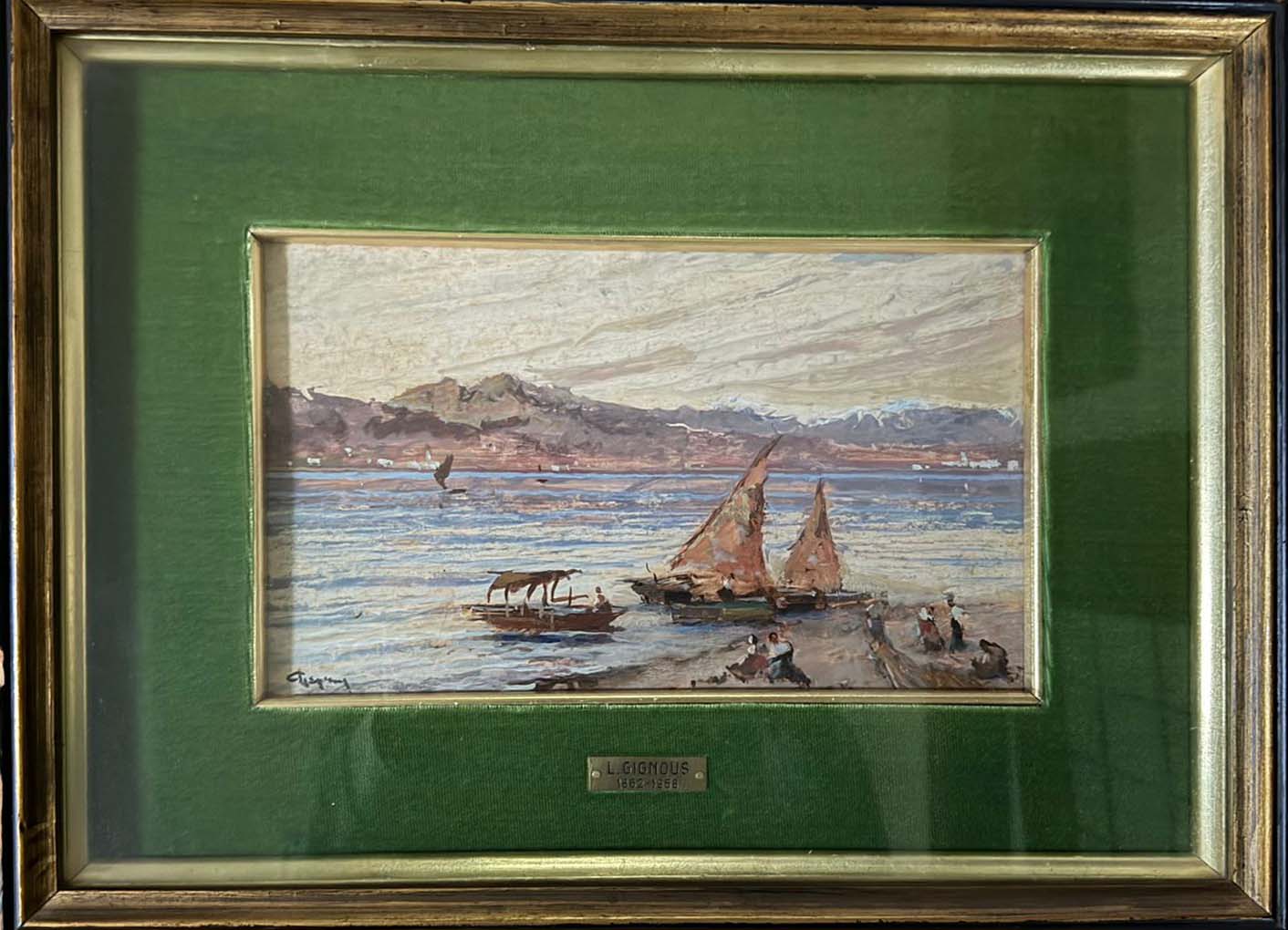 Veduta del Lago Maggiore con barche e figure di Lorenzo Gignous