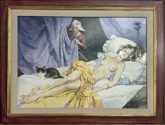 Nudo di donna con gatto, olio su tela di Biffignardi