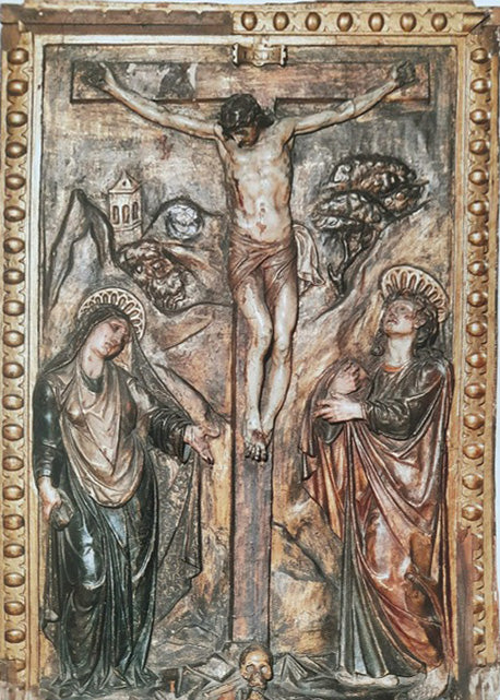 Autor desconocido - La Crucifixión, Cristo crucificado entre la Virgen y San Juan Evangelista, escuela española, finales del siglo XVI