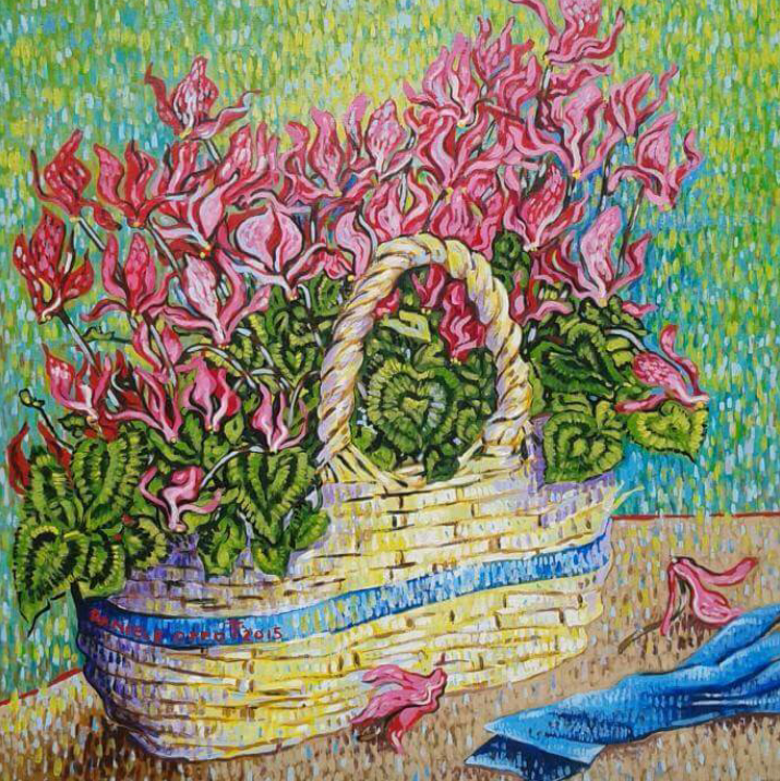 Daniele Oppo - Basket of Cyclamens and Blue Glove