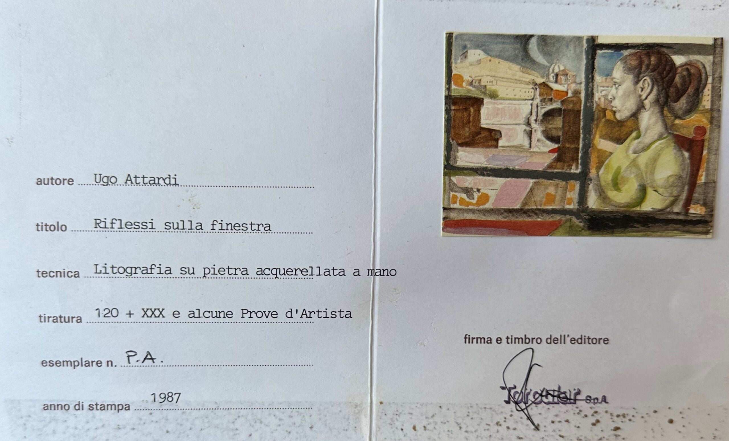 UGO ATTARDI - RIFLESSI SULLA FINESTRA - LITOGRAFIA COLORATA A MANO