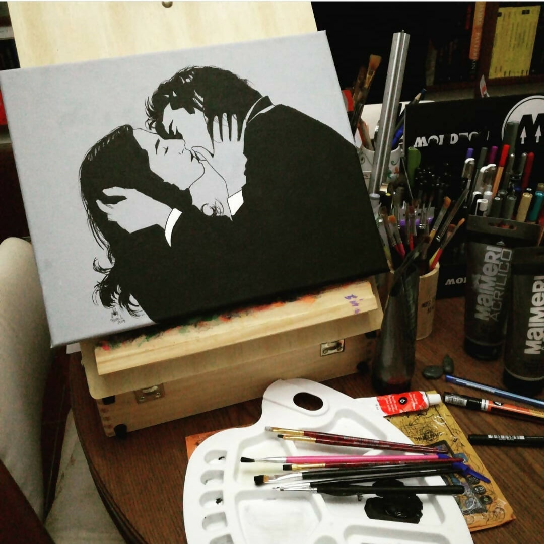 P.J. Harvey & Nick Cave, acrilico su tela di Lorenzo Ragno Celli