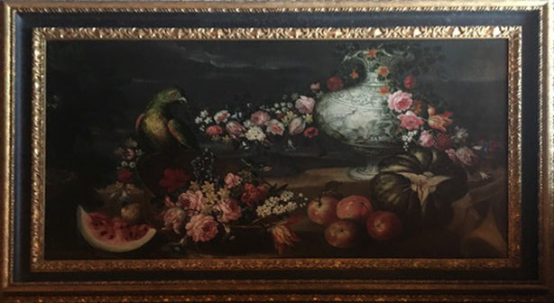 Atribuido a Meiffren Conte - Naturaleza muerta con arreglo floral y pájaro