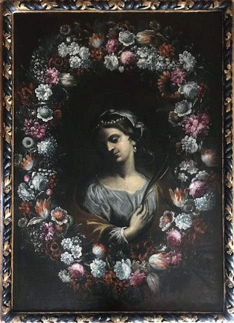 Atribuido a Stringa - Santa dentro de una corona de flores