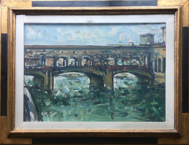 Veduta del Ponte Vecchio in olio su tela firmato Pregno