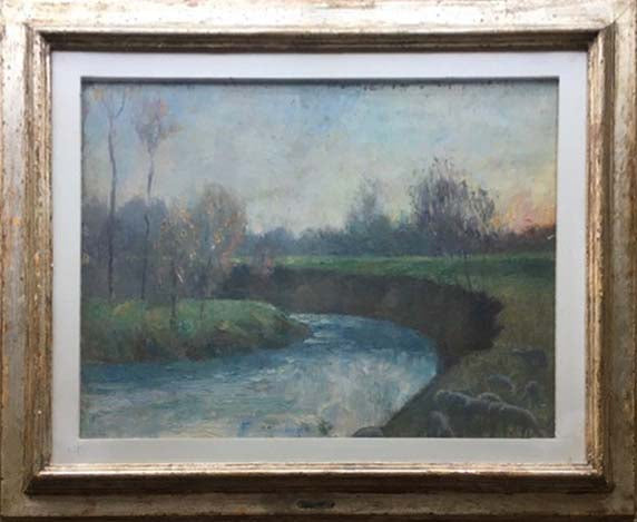 Scena sul fiume in olio su tela firmata E. Gordigiani