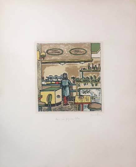 Bar con figura blu, litografia su cartoncino di Tamburi