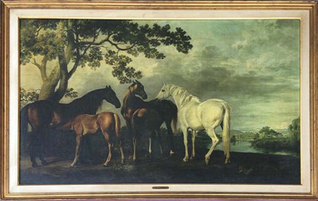 Grafica d'arte con cavalli e puledri in paesaggio fluviale