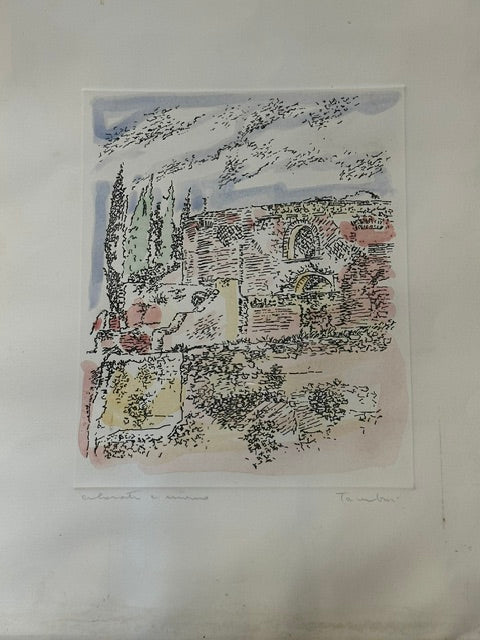 Acquaforte acquatinta con paesaggio di Orfeo Tamburi