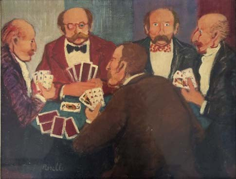 Dipinto figurativo Poker a olio su tela, Roselli