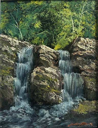 Paesaggio con cascate, olio su tela attribuito a S. Carbone