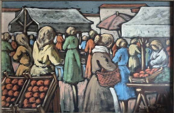 Mercato rionale, olio su tela figurativo di F. Matera