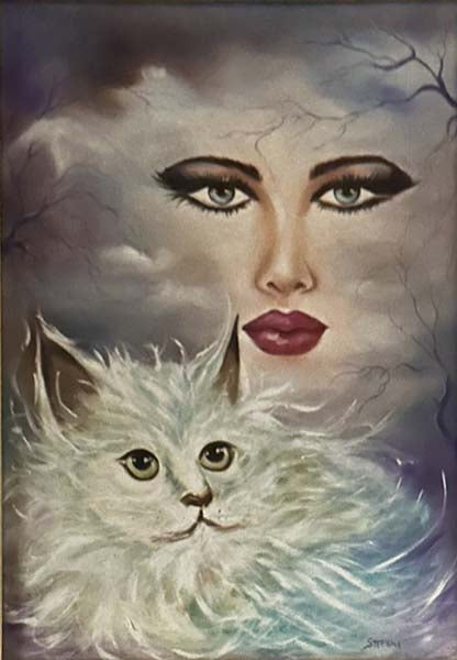 Donna gatto, olio su tela di Stefani