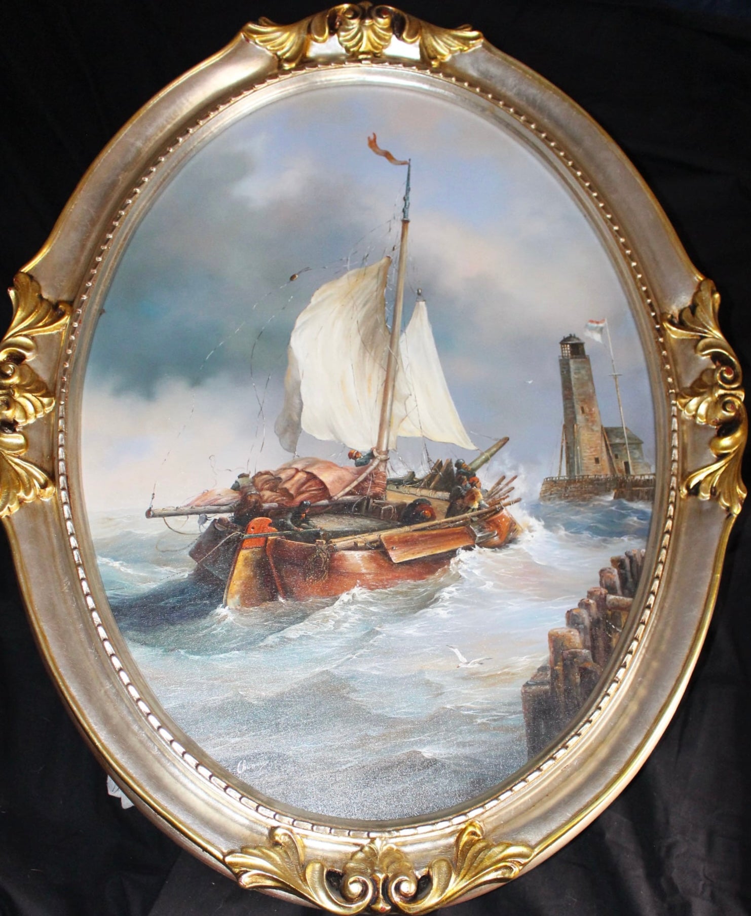 Sconosciuto - Senza titolo (nave in tempesta al porto)