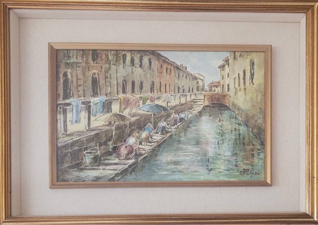 Dario Pollini - Viejo Milán - Una esquina del canal Naviglio a lo largo de Via Sforza (Las lavanderas)
