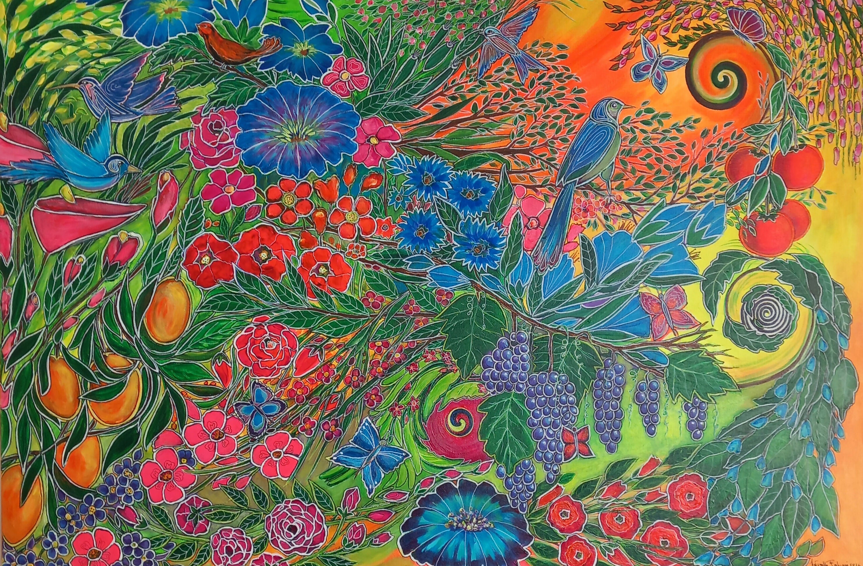 Fantasy of fruits, flowers and birds