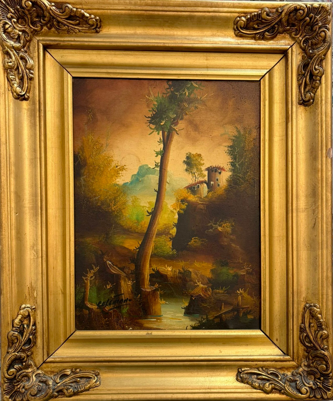 Paesaggio fiammingo a olio su tela, firmato Celentano