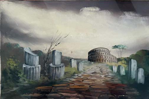 Veduta urbana in tecnica mista di Romano Mussolini