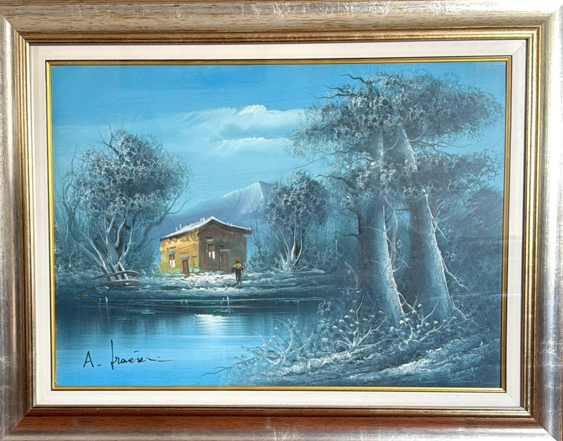 Paesaggio con casetta, olio su tela di artista sconosciuto