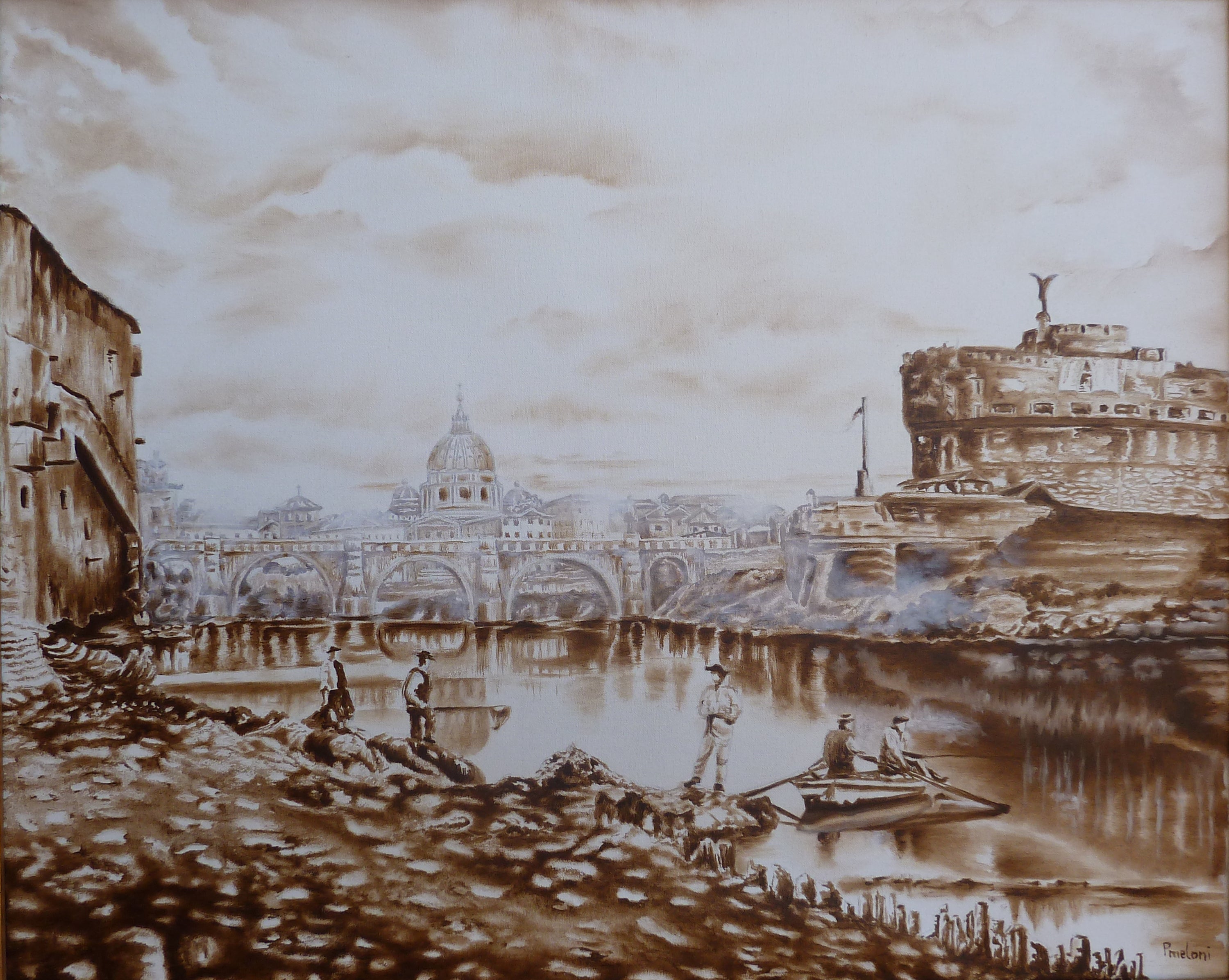 Meloni Paola -  Pescatori sulla riva del Tevere nel 1870