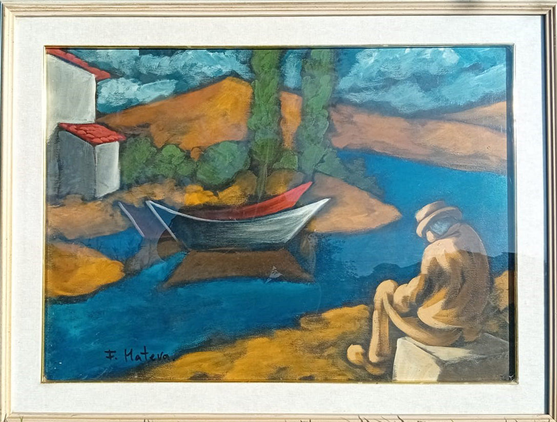 Franco Matera - Paisaje con figura sentada y barcos