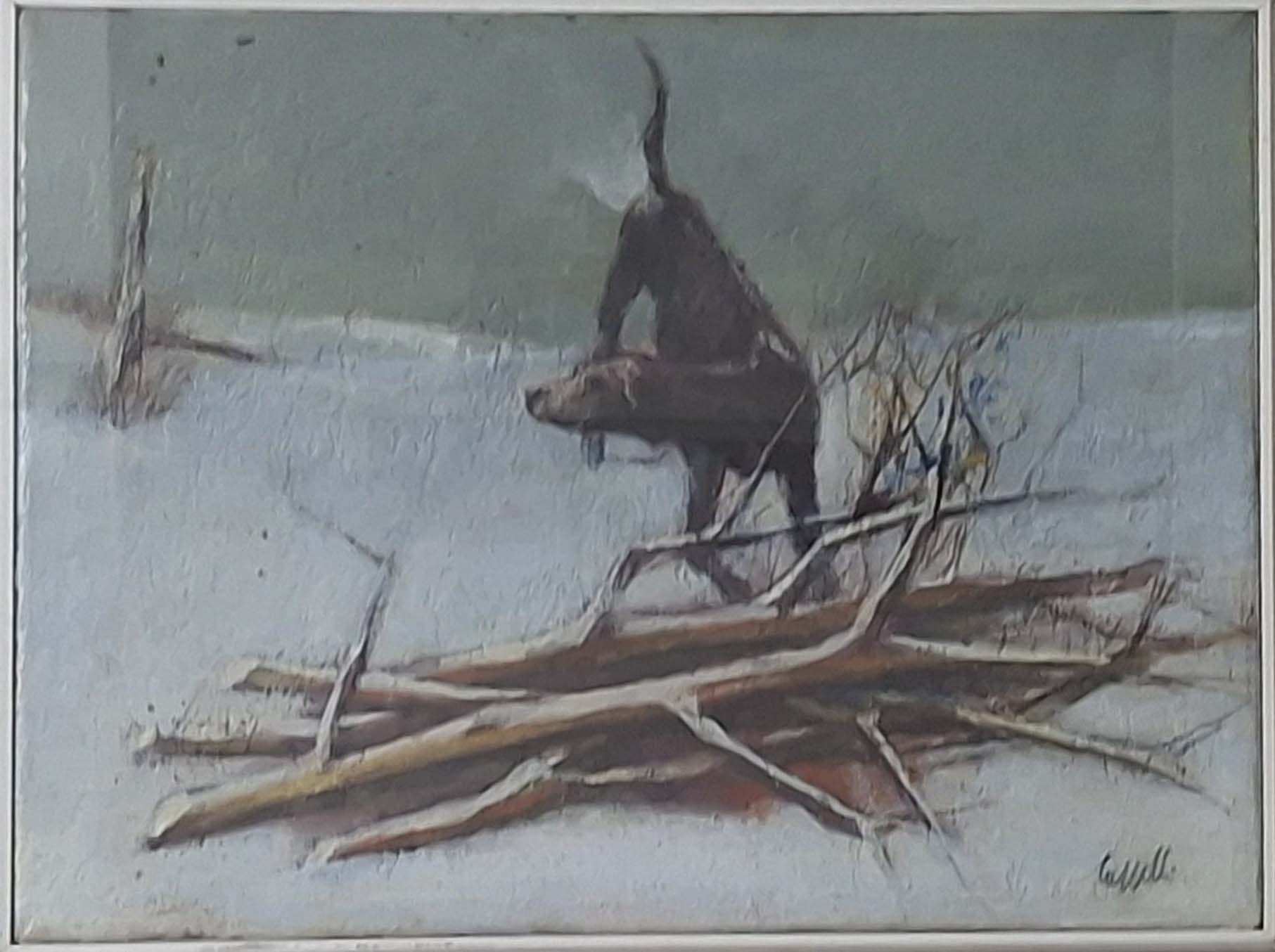 Cane sulla neve dipinto a olio su tela di Giovanni Cappelli