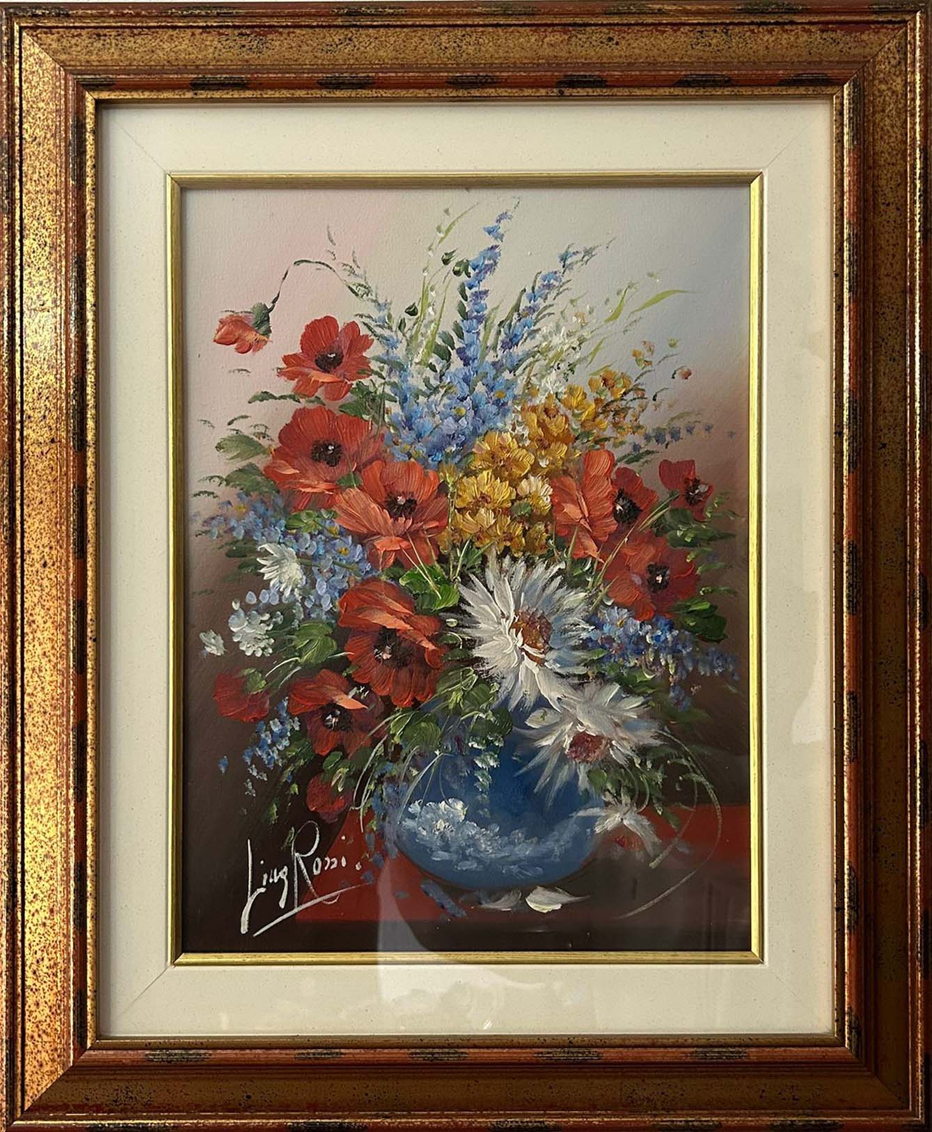 Vaso di fiori blu dipinto a olio su tela di Lina Rossi