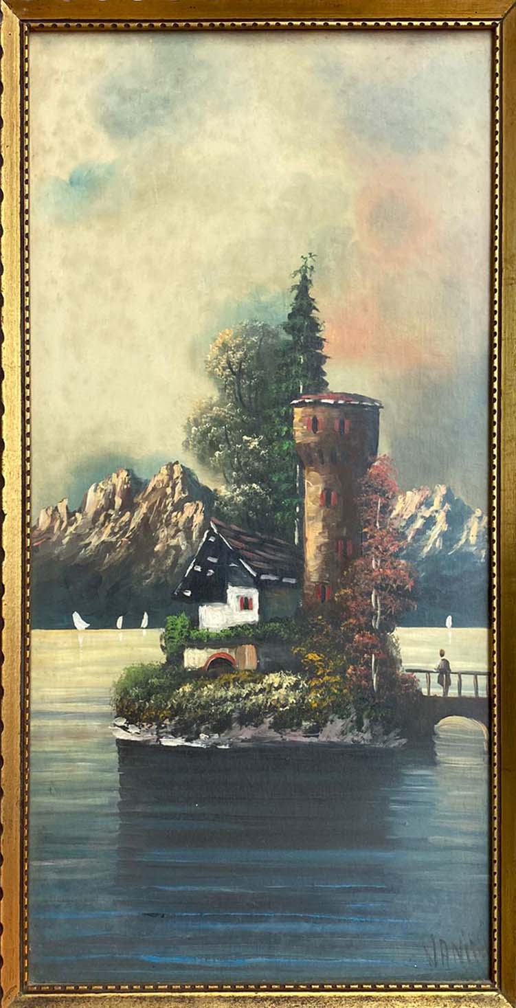 Senza titolo paesaggio con torre, olio su tela di Vanini