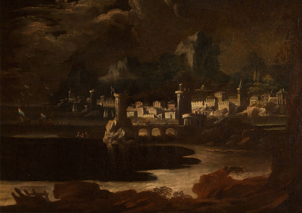 Atribuido a Filippo D'Angeli - Ciudad costera, paisaje con figuras en Pozzuoli