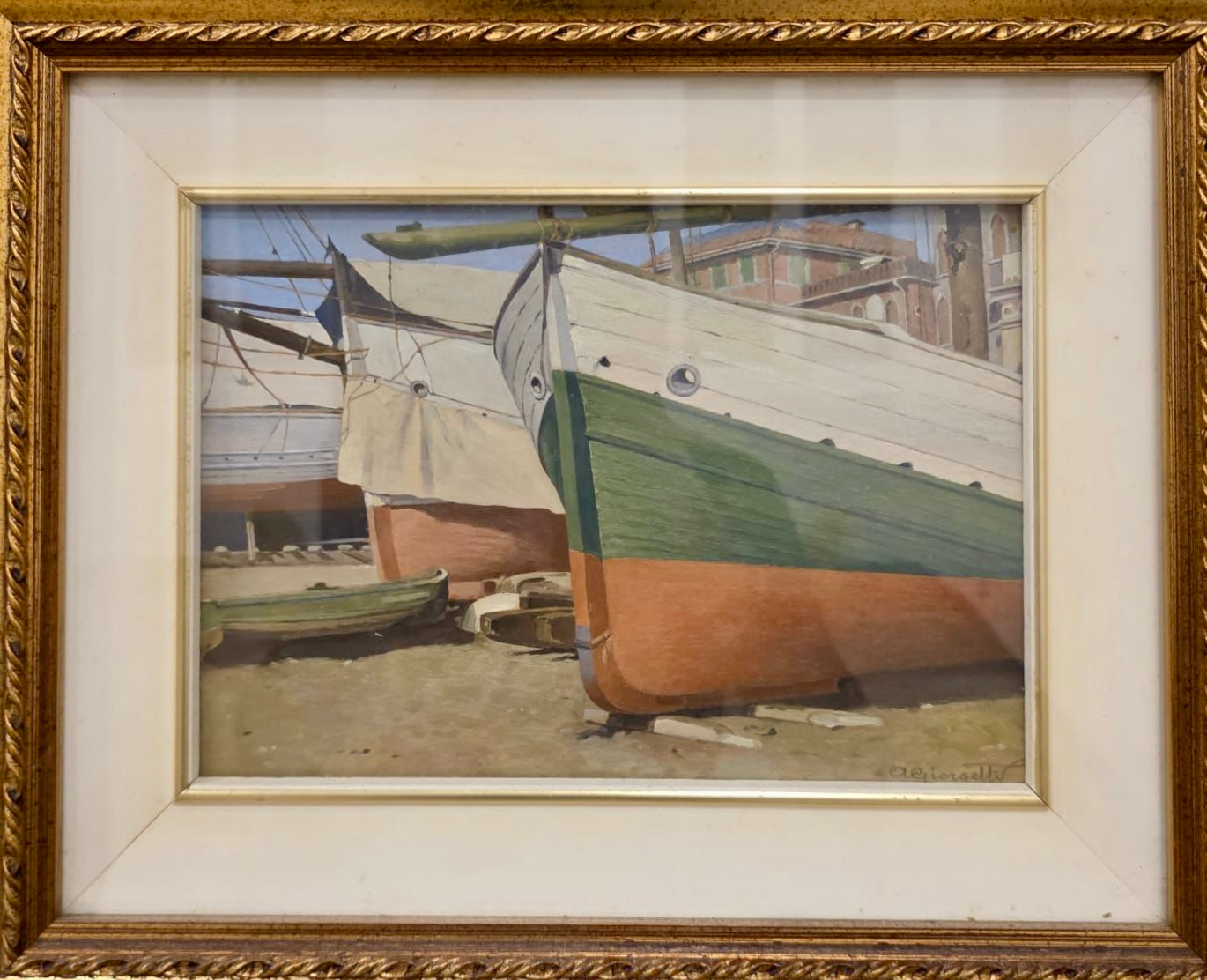Angelo Giorgetti (atribuido a) - Sestri Levante y barcos varados