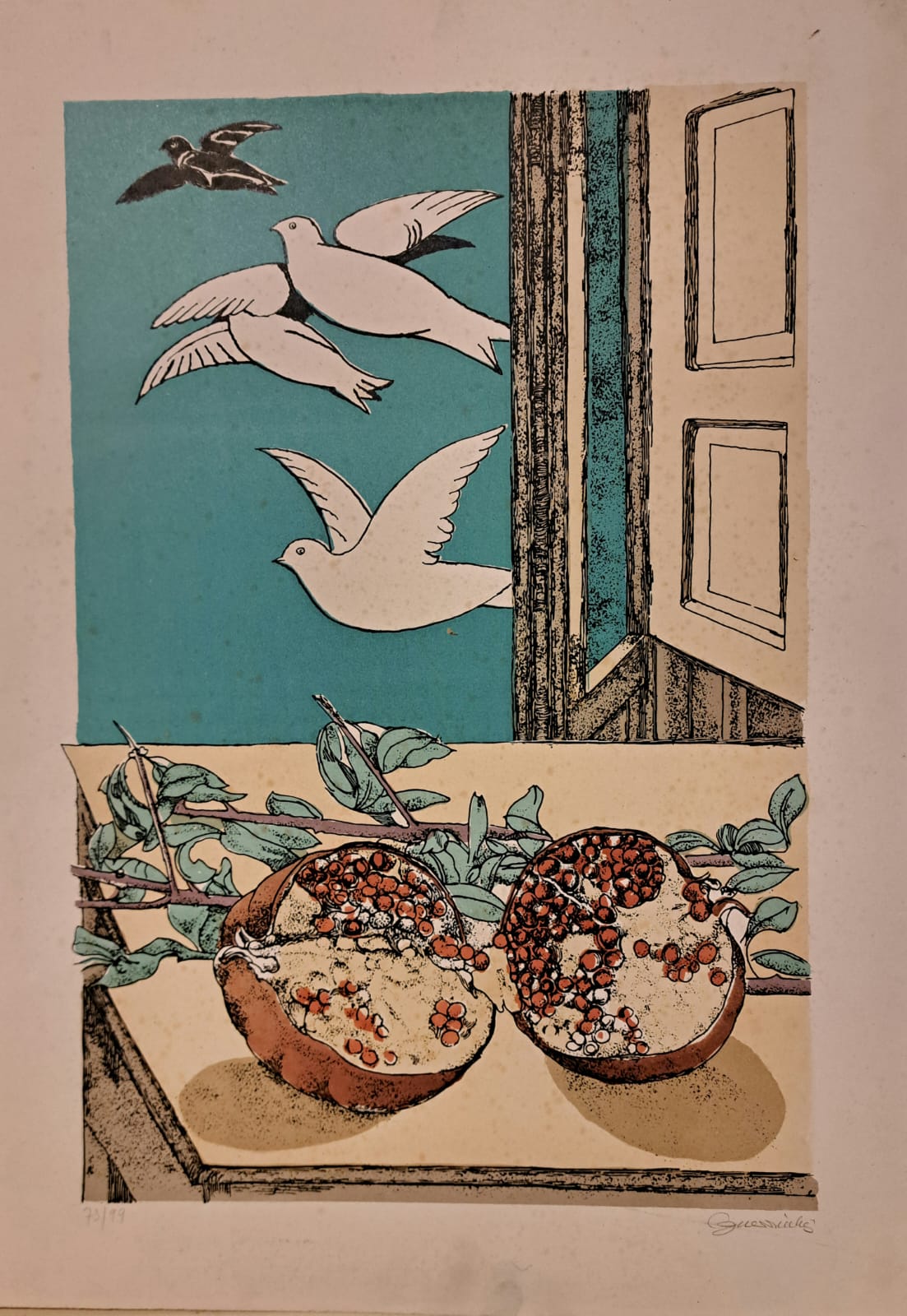Luigi Guerricchio - Pomegranate with White Doves in Flight