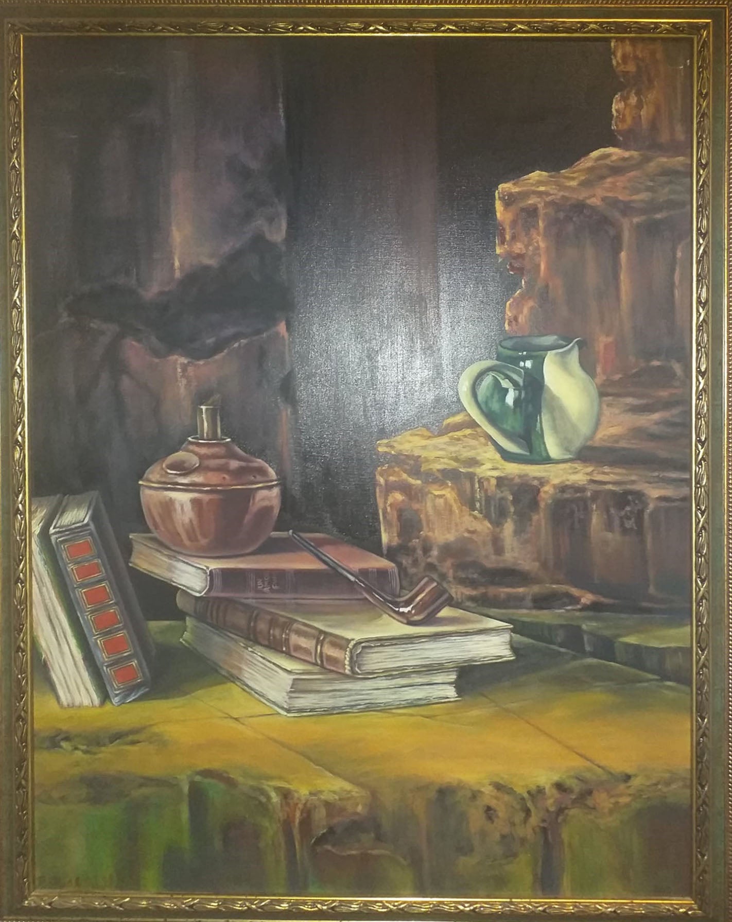 Pedro Pablo Díaz Ávila - Sin título (libros, jarra verde, pipa, encendedor de pipa)