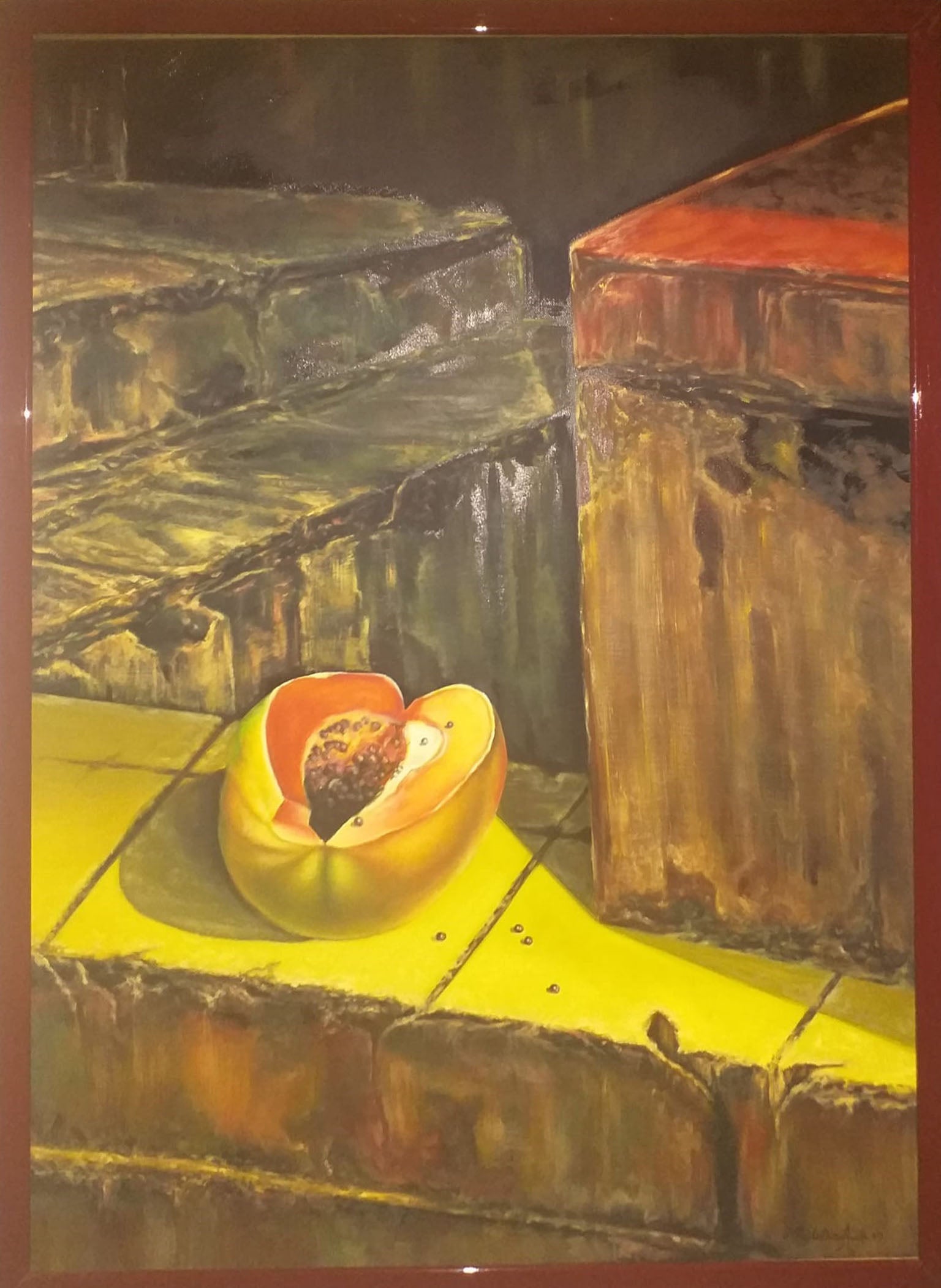 Pedro Pablo Diaz Avila - Untitled (open fruit bomb with seeds, on a low wall covered with ceramic tiles)