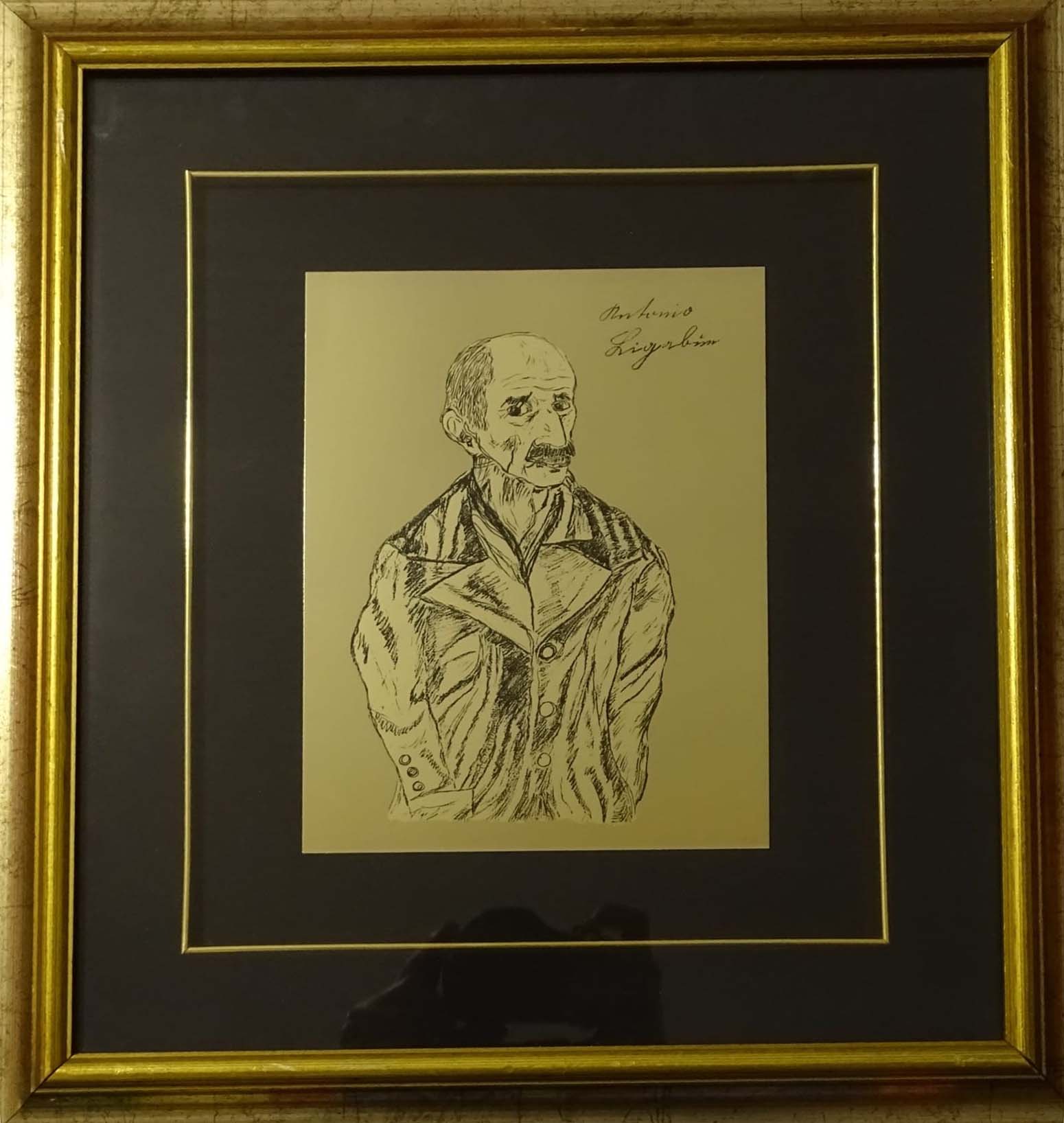 Autoritratto, incisione serigrafica su foglia oro di Antonio Ligabue