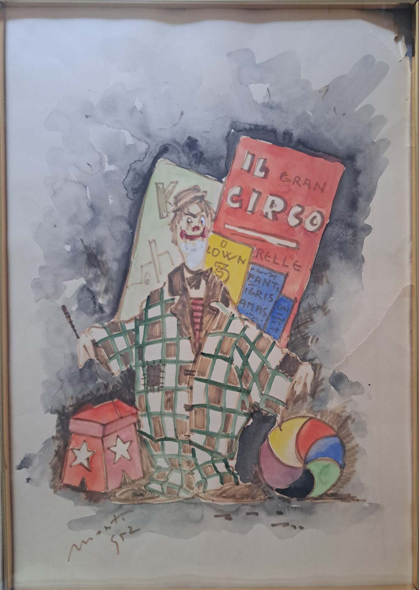 Pagliaccio in acquerello su carta di Cesare Monti