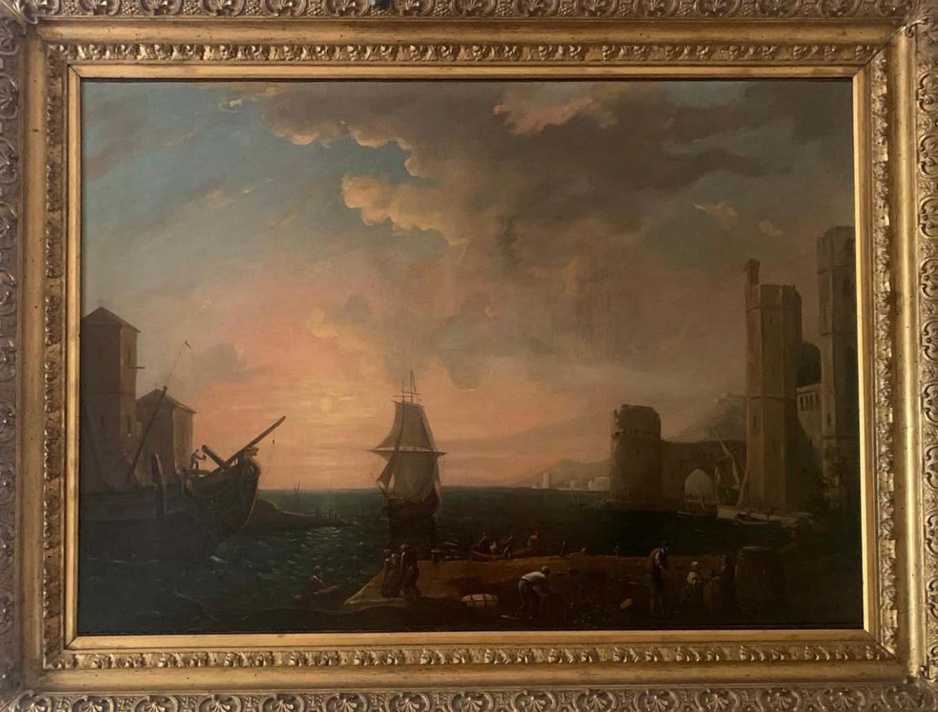 Porto fortificato con velieri al tramonto, olio su tela anonimo