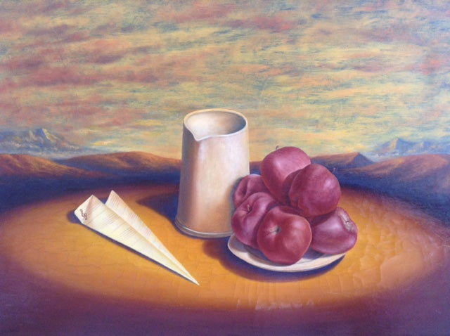 Luigi Boccardi - Composición: Plato de manzanas, jarra y avión en un paisaje