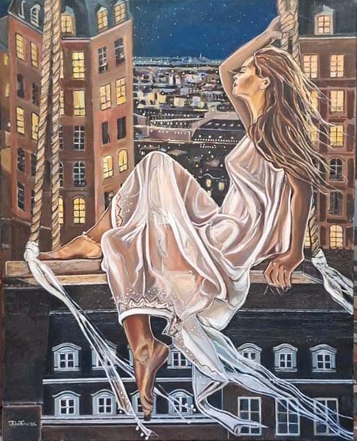 Figura sull'altalena in olio su tela di I. Tsintsadze