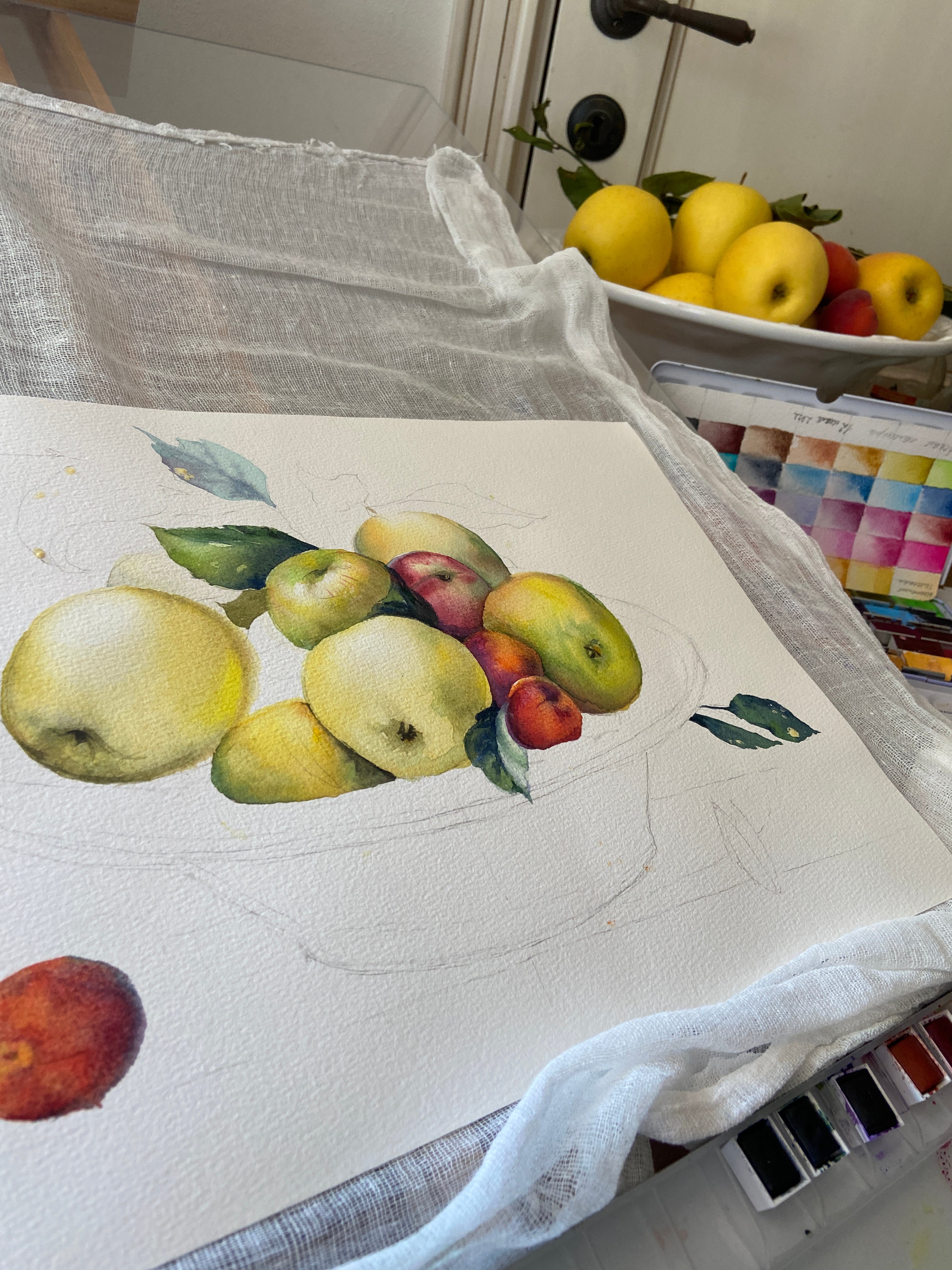 White vase with fruits