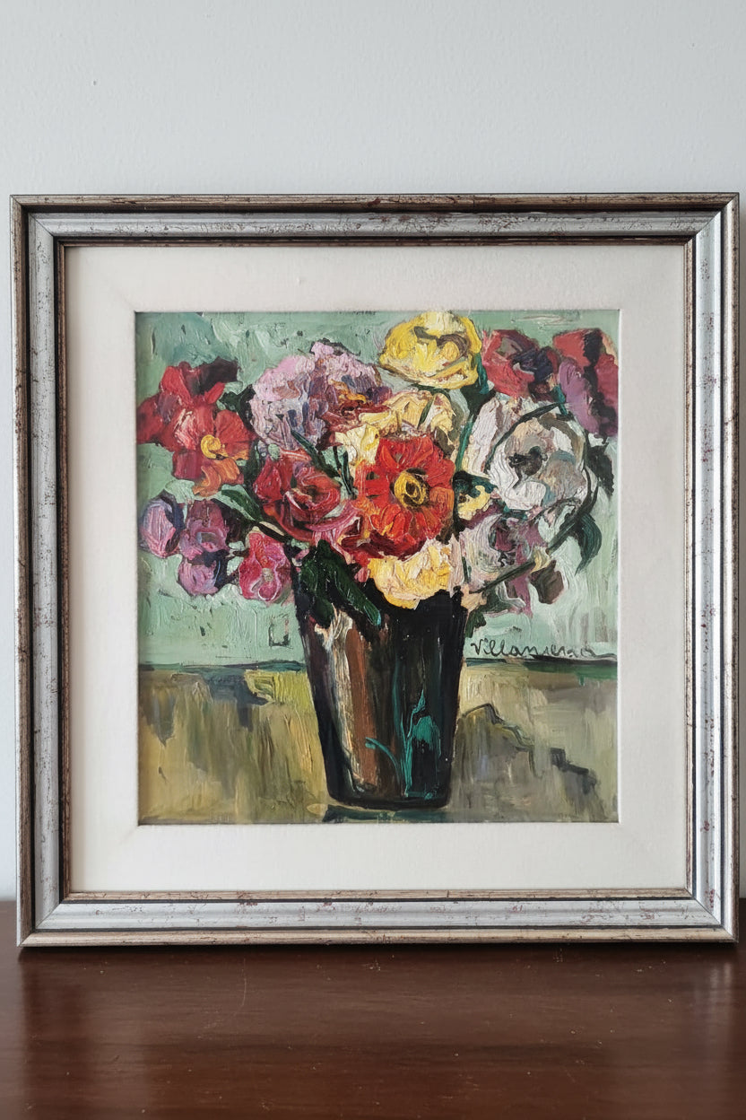Olio su tela di Antonio Villanueva con vaso di fiori