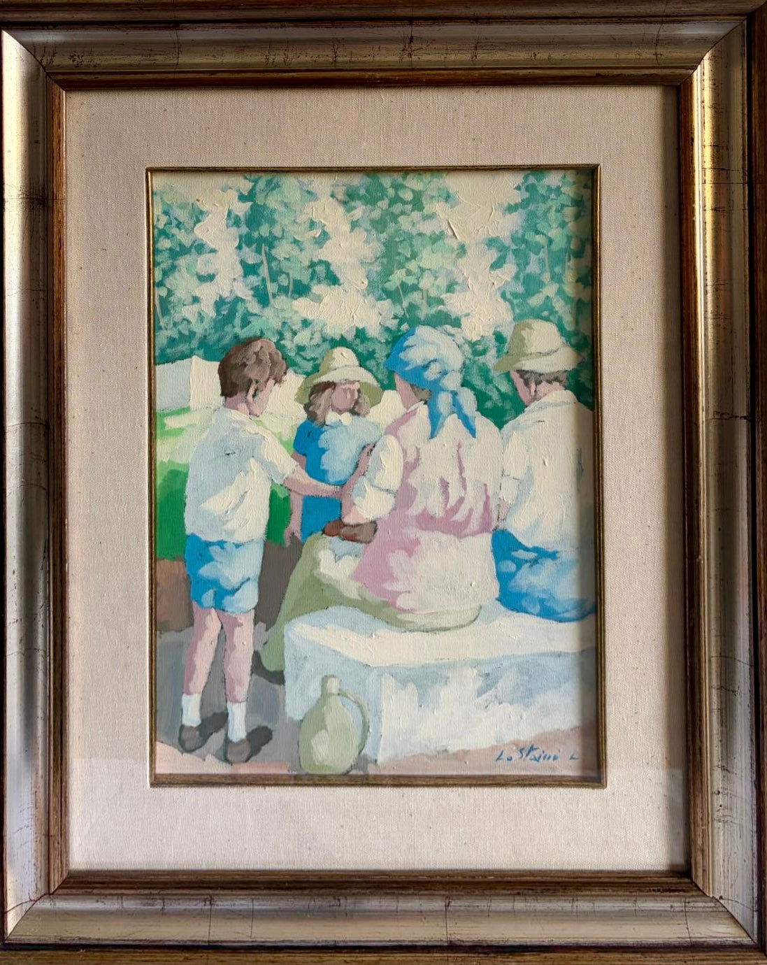 Olio su tela di Leonardo Lo Staino con scena familiare