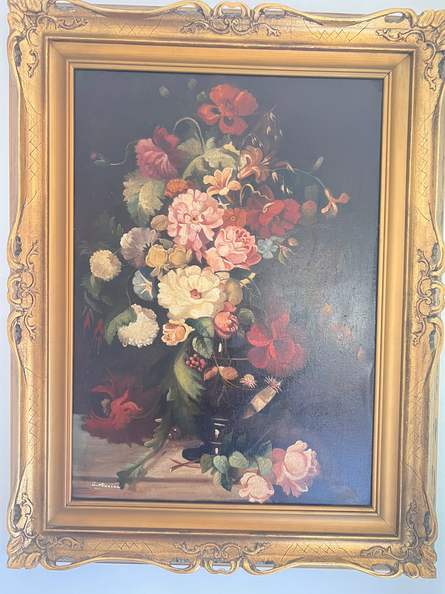 Olio su tela di G. Mariani con fiori fiamminghi