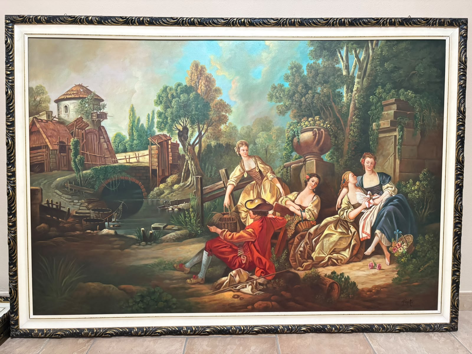 Olio su tela di Marcello Pozzato con parco e dame