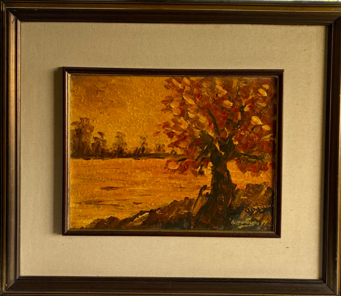 Olio su tavola di Montagna con riflessi sul lago