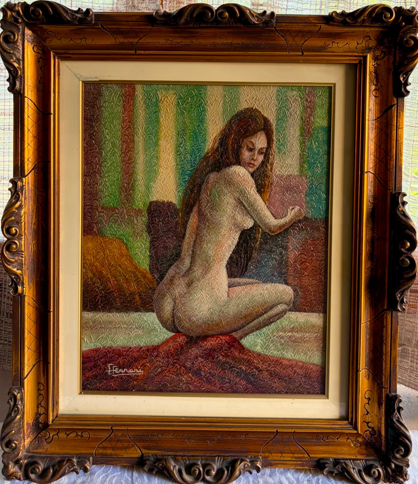 Olio su tela di F. Ferrari con soggetto di nudo
