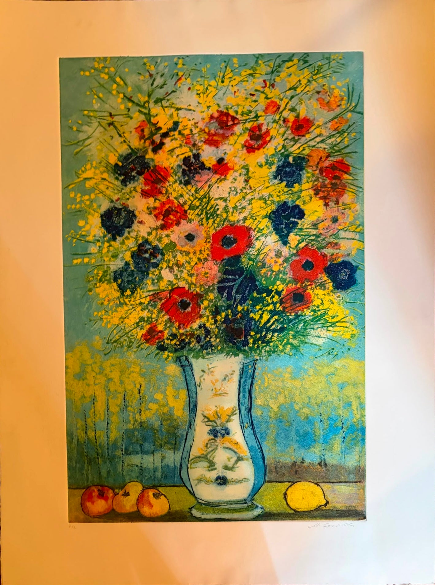 Acquaforte acquatinta di Michele Casciella con mimose e papaveri